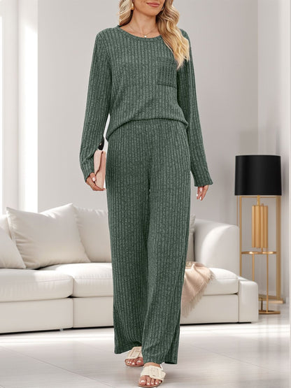 Round Neck Long Sleeve Top and Pants Set