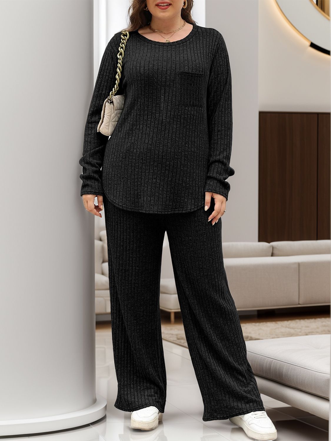 Round Neck Long Sleeve Top and Pants Set