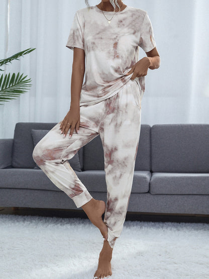 Shiny Tie-Dye Round Neck Short Sleeve Top and Pants Lounge Set