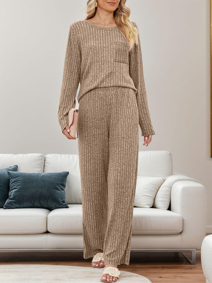 Round Neck Long Sleeve Top and Pants Set